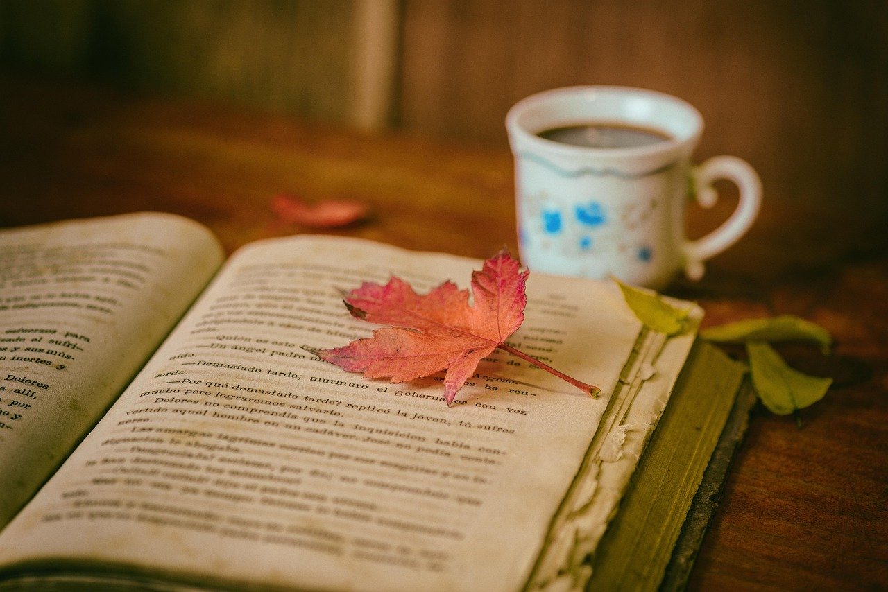 leaves, coffee, cup, still life, coffee cup, book, reading, leisure, hobby, read, nature, open book, bookworm
